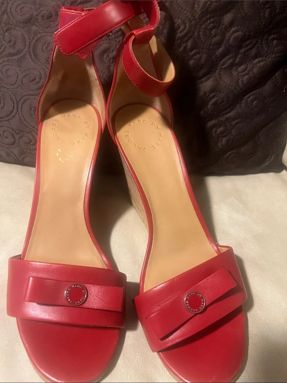 Marc Jacobs Red Leather Ankle-Strap Wedge Sandals with Bow Accent